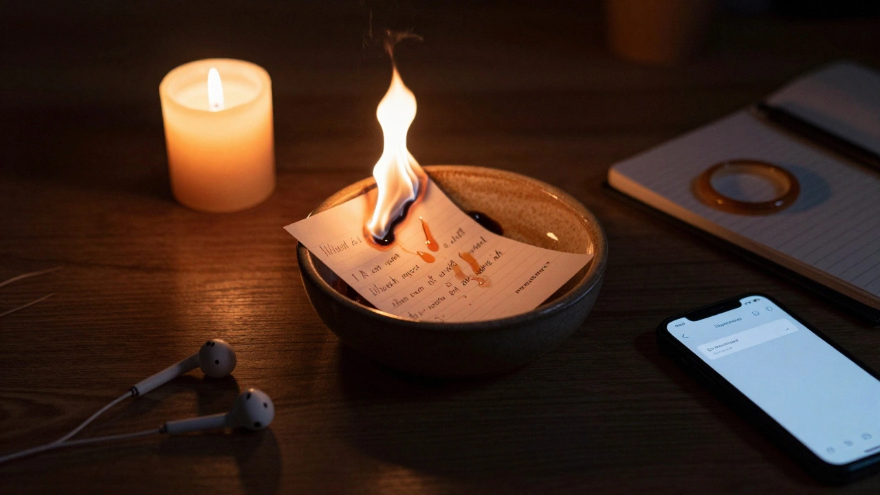 A burning letter in a bowl, candlelight casting shadows, earbuds and coffee cup on desk nearby.