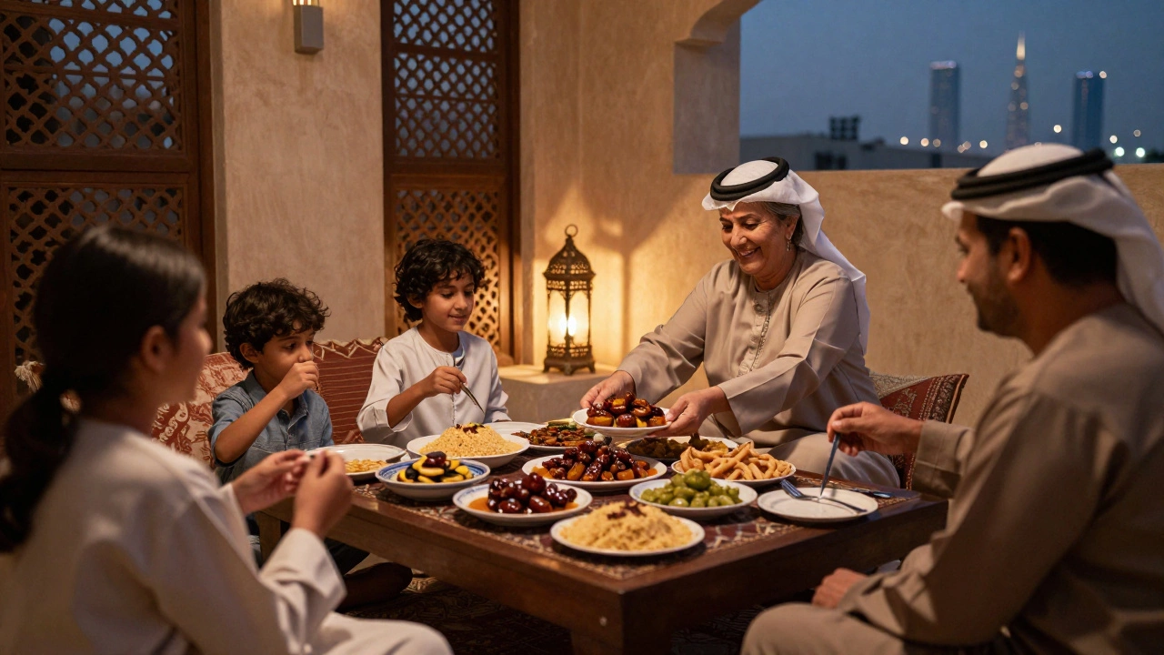 A family-style Emirati dinner in a home kitchen, guests eating traditional food on cushions with soft lantern glow.
