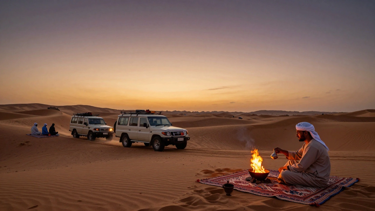 A serene desert safari at sunset with Bedouin guide serving coffee as stars begin to appear over golden dunes.