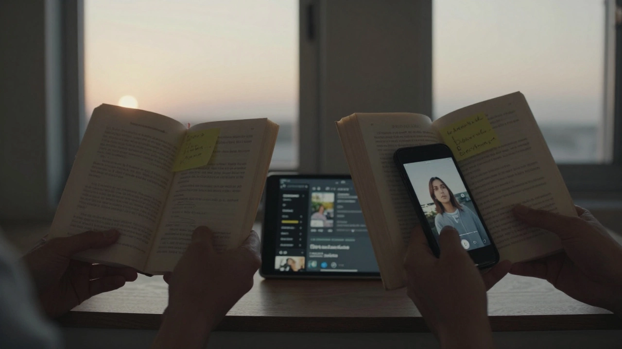 Two hands holding books in different time zones, phones playing voice notes, shared playlist on tablet.